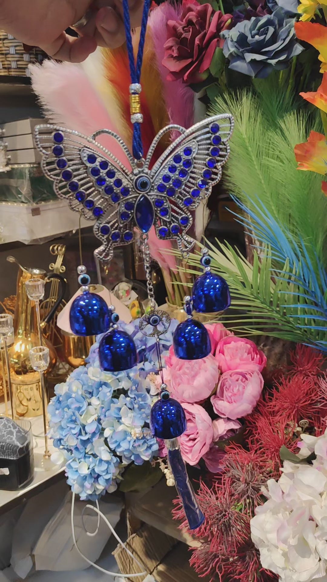 Decorative Evil Eye Hanging with Elephant & Blue Bells – Protection & Home Décor