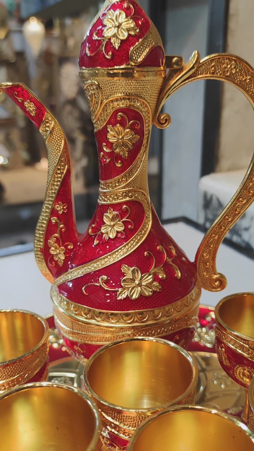 Luxury Red & Gold Arabic Style Tea Set – Decorative Metal Kettle with 6 Cups & Tray