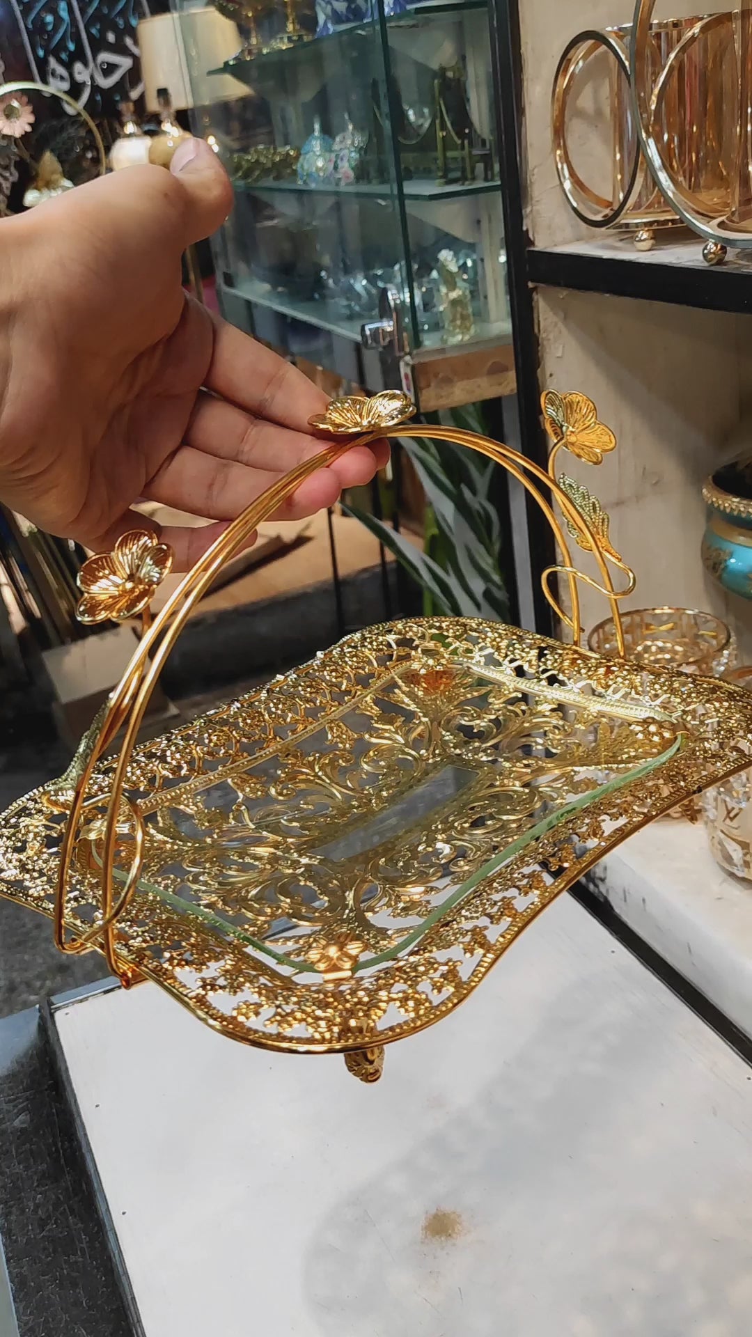 Elegant Double Jar Decorative Storage Container – Golden Finish with Flower Stand