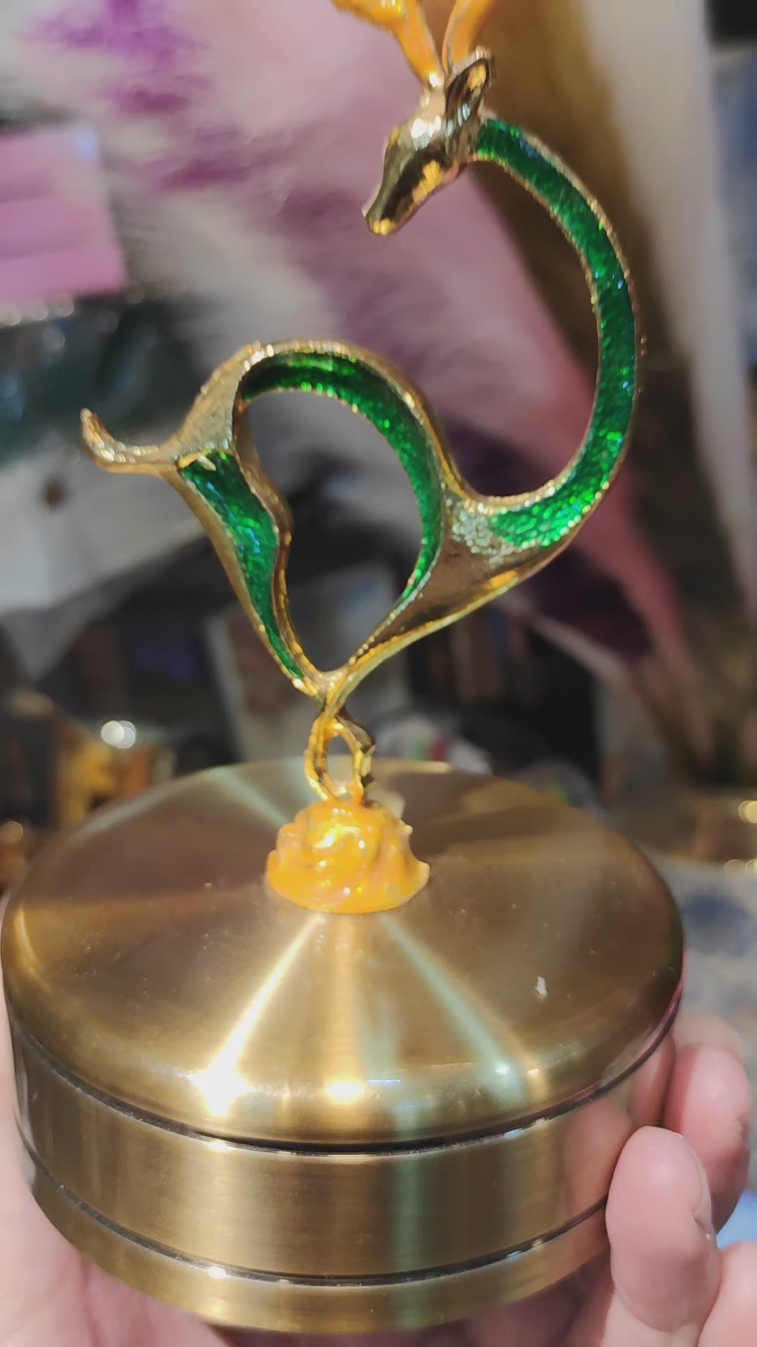 Golden Reindeer Decor Figurine – Green & Gold Floral Antler Design