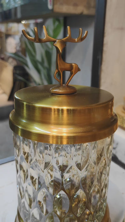 Luxury Glass & Brass Decorative Jar with Golden Reindeer Lid