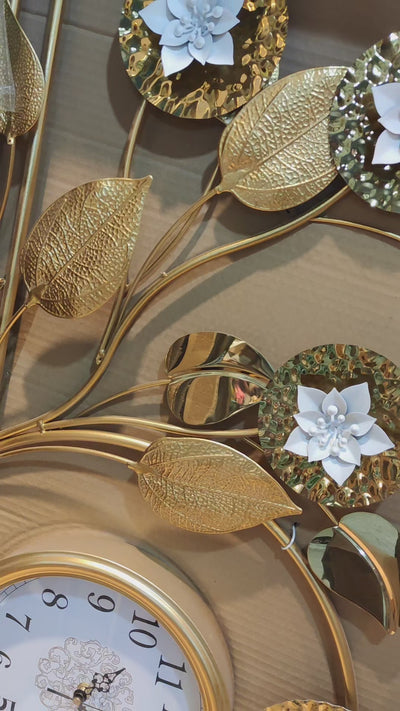 Luxury Floral Metal Wall Clock – Golden & White Design ,( size 20 by 41 inches)