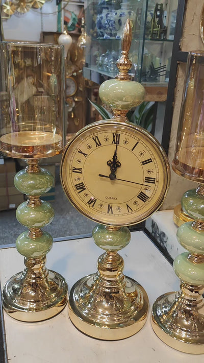 Luxury Golden & Jade Green Candle Holder Set with Center Clock – Elegant Home Décor Accent