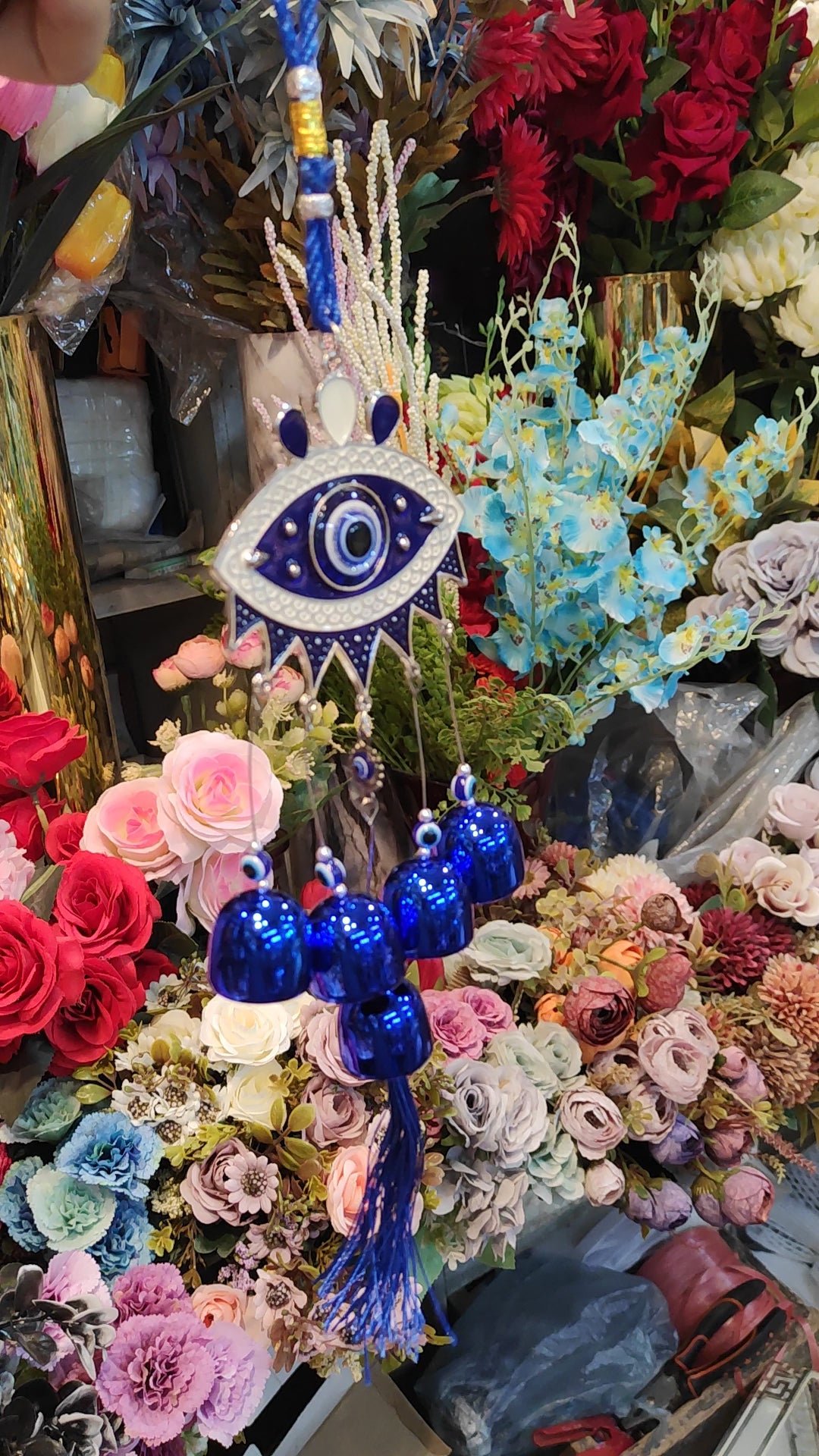 Decorative Evil Eye Hanging with Elephant & Blue Bells – Protection & Home Décor