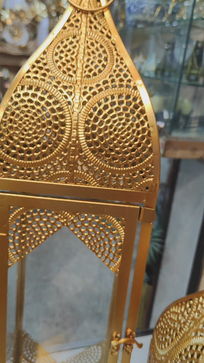 Brass Finish Metal Lantern/Lamp Set - Decorative Table Top Set (Small & Large) 17 & 24 inches Haghit